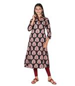 Women’s Black Cotton High Low Printed A-line Kurti