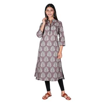 Women’s Grey Cotton High Low Printed A-line Kurti 1