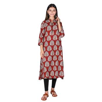 Women’s Maroon Cotton High Low Printed A-line Kurti 1