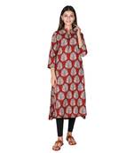 Women’s Maroon Cotton High Low Printed A-line Kurti