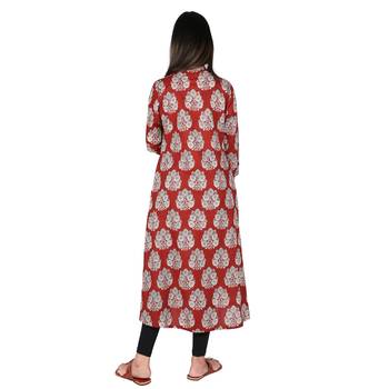 Women’s Maroon Cotton High Low Printed A-line Kurti 3