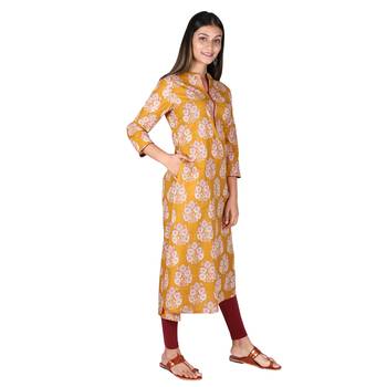 Women’s Mustard Cotton High Low Printed A-line Kurti 2