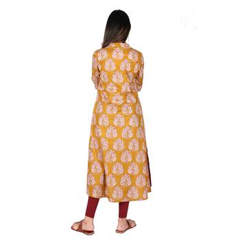 Women’s Mustard Cotton High Low Printed A-line Kurti 3