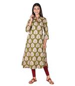 Women’s Olive Green Cotton High Low Printed A-line Kurti