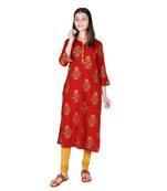 Women’s Bagru Red Rayon Mughal Print Straight Kurti