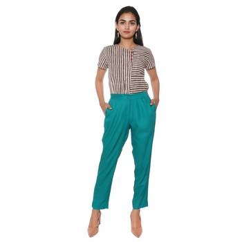 Women Teal Solid Rayon Staple Pencil Trouser 1
