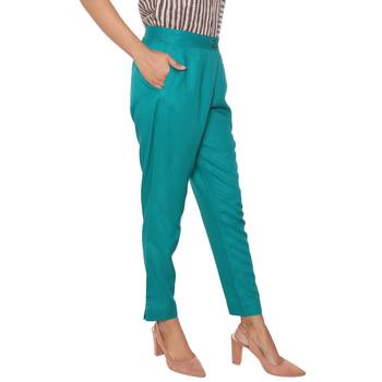 Women Teal Solid Rayon Staple Pencil Trouser 2