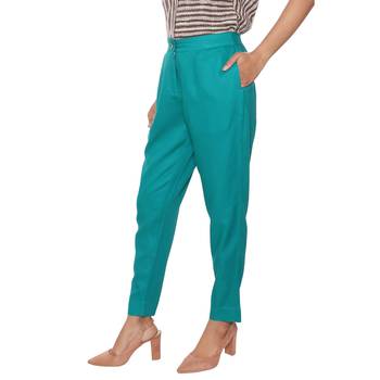 Women Teal Solid Rayon Staple Pencil Trouser 4