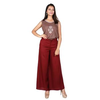 Women Deep Maroon Solid Rayon Staple Palazzo 1