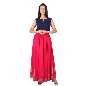 Women Fushcia Gold Print Cotton Skirt 1