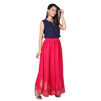 Women Fushcia Gold Print Cotton Skirt 2