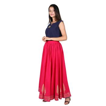 Women Fushcia Gold Print Cotton Skirt 4