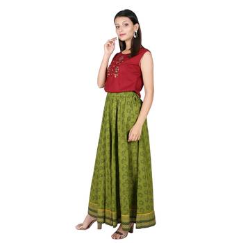 Women Mahendi Green Printed Cotton Skirt 4