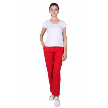 Women Poppy Red Solid Cotton Lycra Yoga Pants 1