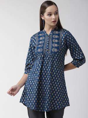Navy-blue printed viscose rayon party-tops
 1