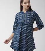 Navy-blue printed viscose rayon party-tops
