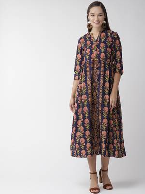 Navy-blue printed cotton maxi-dresses 1
