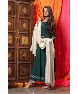 Bottle Green Long Flared Suit Set 1
