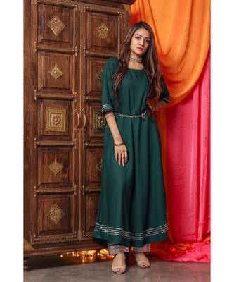Bottle Green Long Flared Suit Set 4