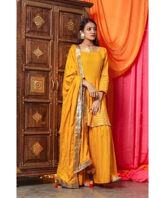 Bright Yellow Gotta Work Suit Set With Yellow Dupatta 1