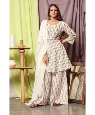 Pink Handblock Suit Set With White Dupatta 1