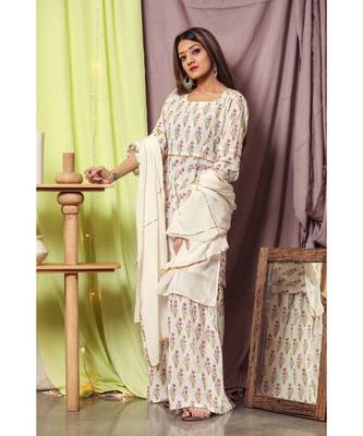 Pink Handblock Suit Set With White Dupatta 3