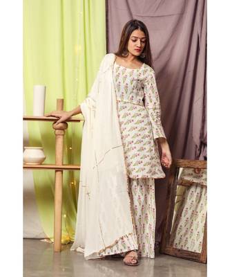 Pink Handblock Suit Set With White Dupatta 4