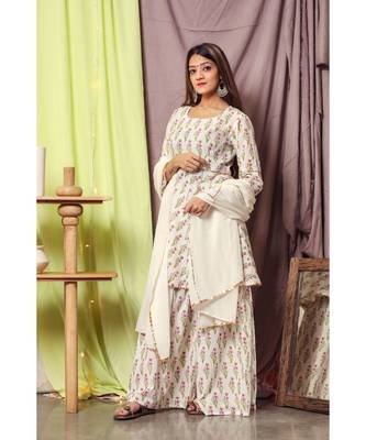 Pink Handblock Suit Set With White Dupatta 5