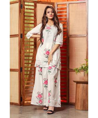 White Rose Floral Handblock Kurta Set 1