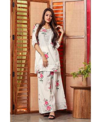 White Rose Floral Handblock Kurta Set 3