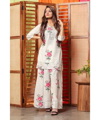 White Rose Floral Handblock Kurta Set 4