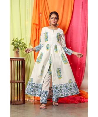 White Base Green Kurta Set 1