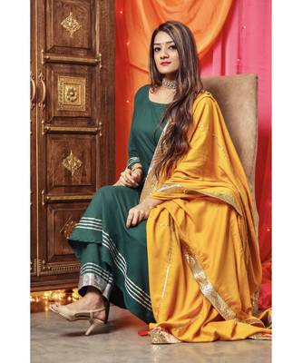 Hot Green Gotta Work Suit With Yellow Dupatta 2