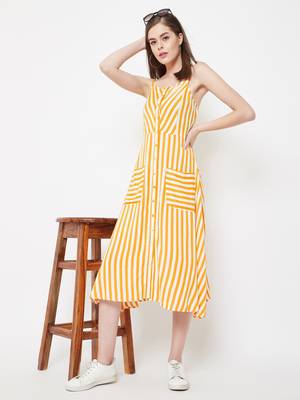 Yellow printed viscose rayon long-dresses 1