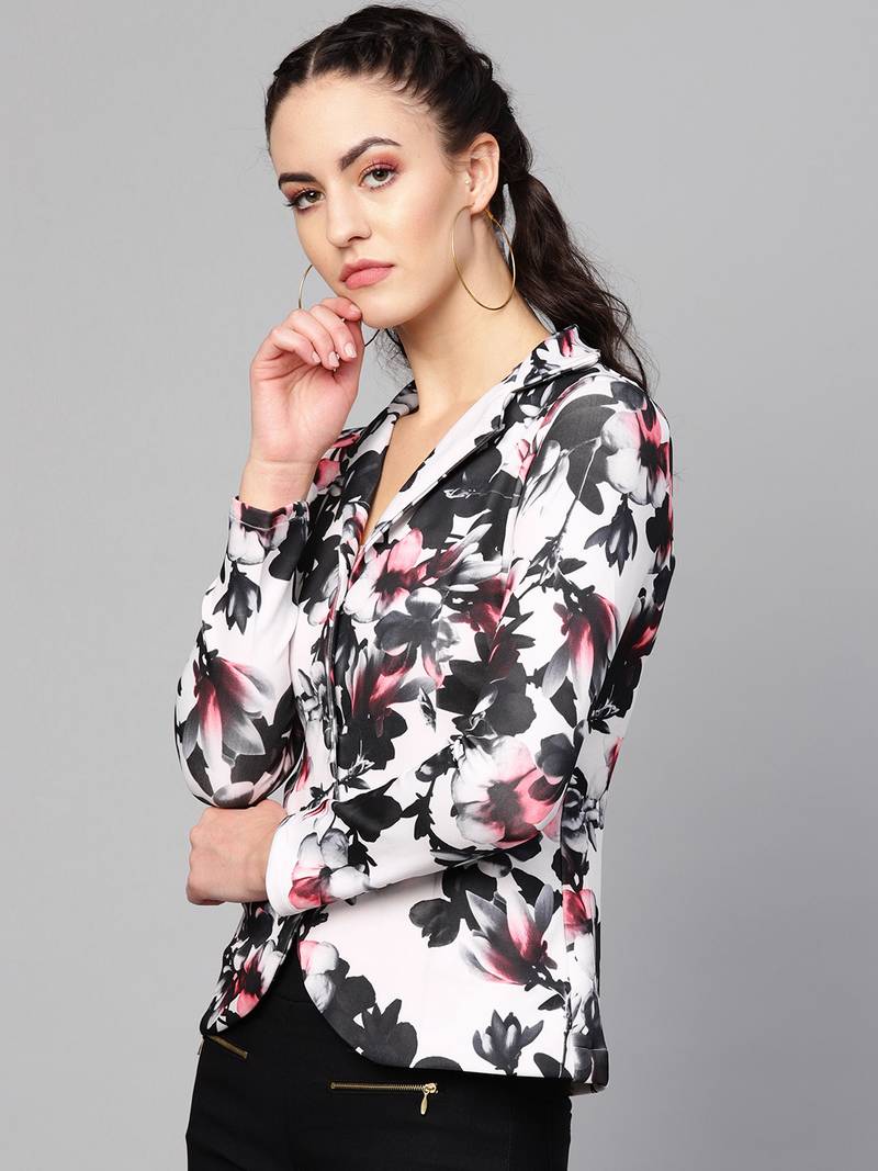 White floral print wool womens blezar