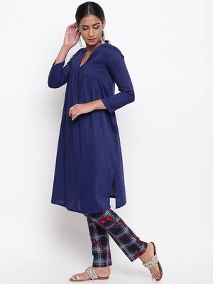 Blue Slit Kurta Check Pant 1