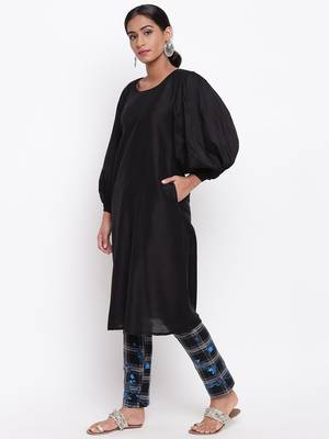 Black Puff Sleeve Kurta Check Pant 2
