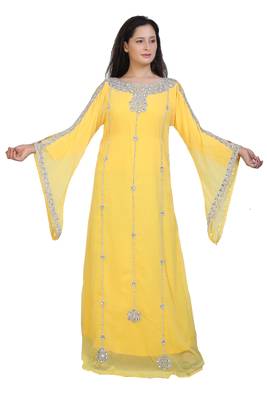 yellow georgette embroidered zari work islamic kaftans 1