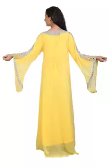yellow georgette embroidered zari work islamic kaftans