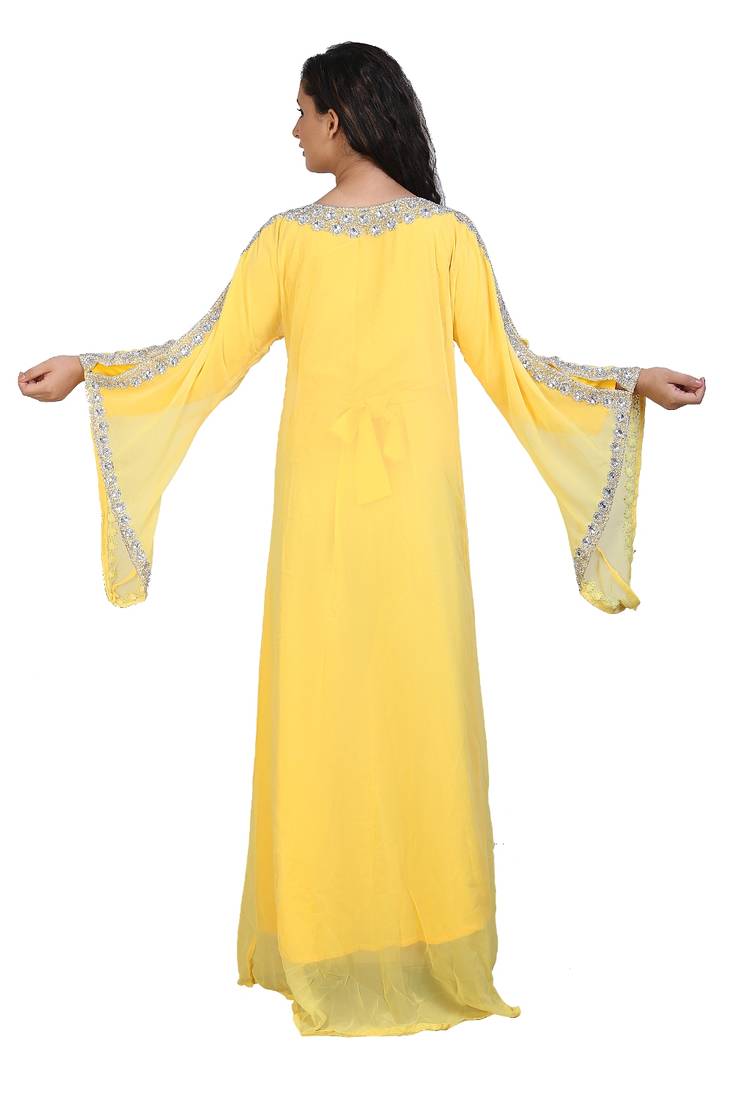 yellow georgette embroidered zari work islamic kaftans
