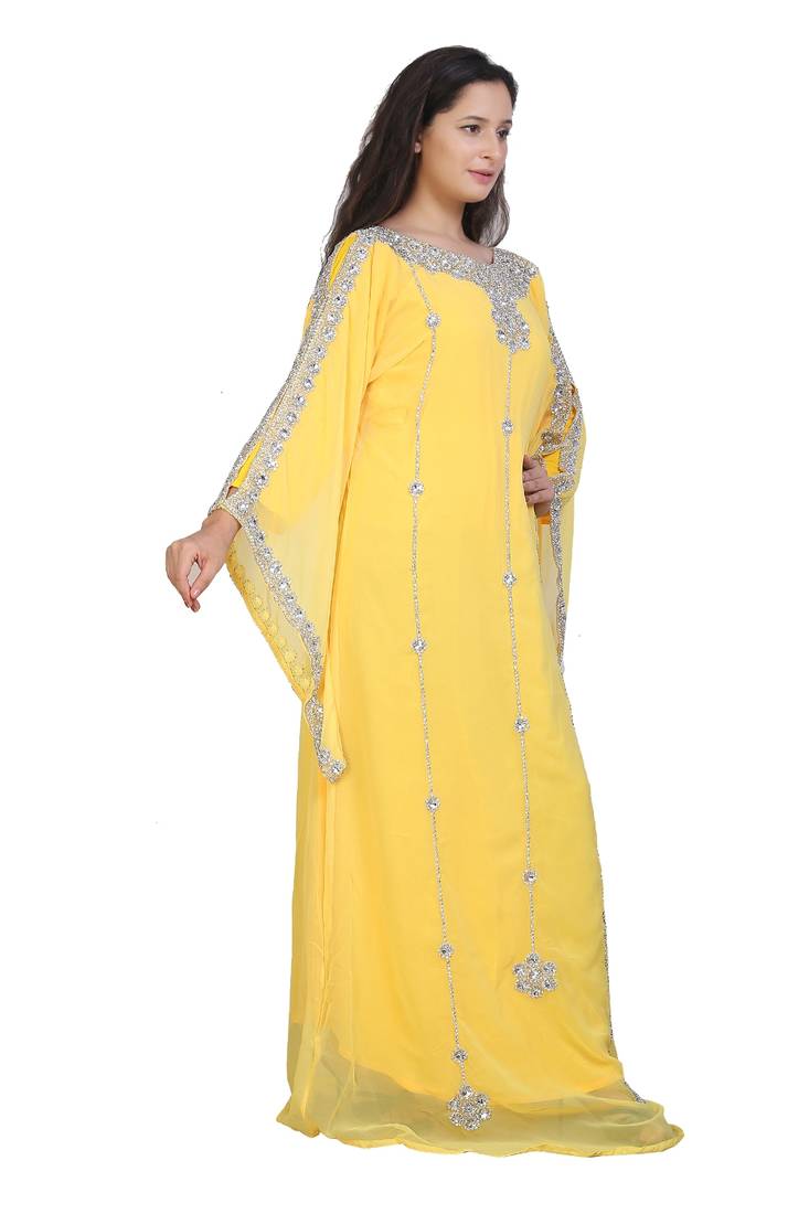yellow georgette embroidered zari work islamic kaftans