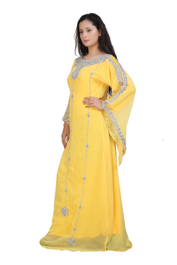 yellow georgette embroidered zari work islamic kaftans