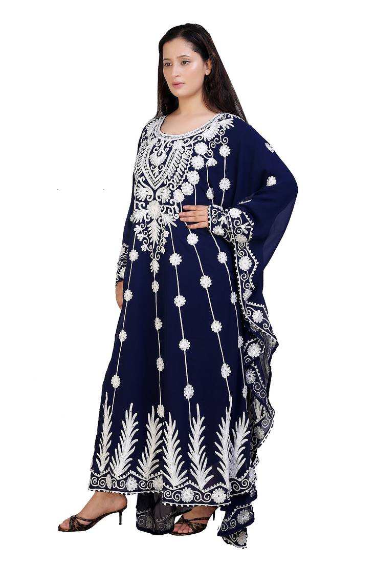 blue georgette embroidered aari work islamic kaftans