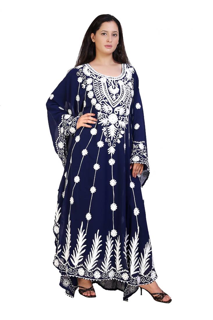 blue georgette embroidered aari work islamic kaftans