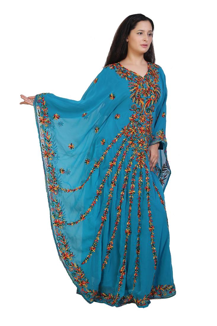 green georgette embroidered aari work islamic kaftans