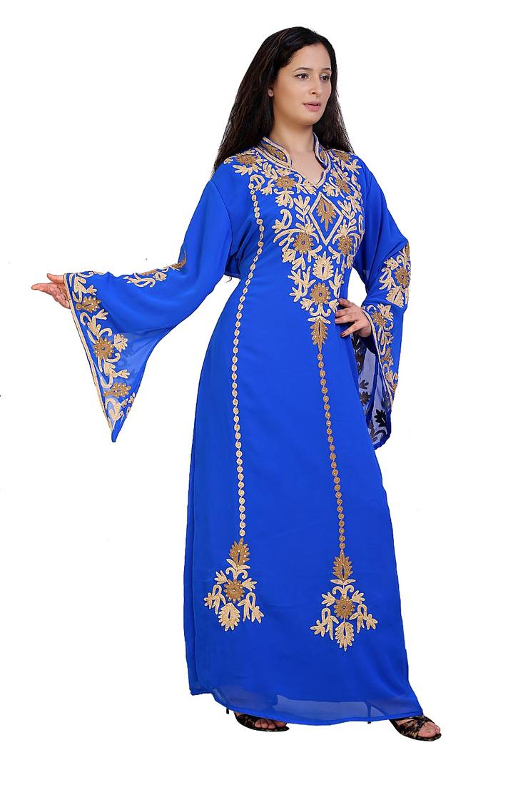 blue georgette embroidered aari work islamic kaftans