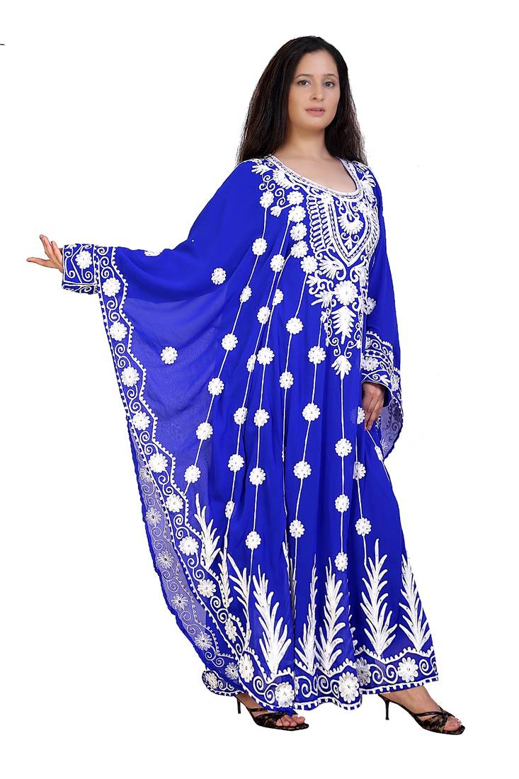 blue georgette embroidered aari work islamic kaftans