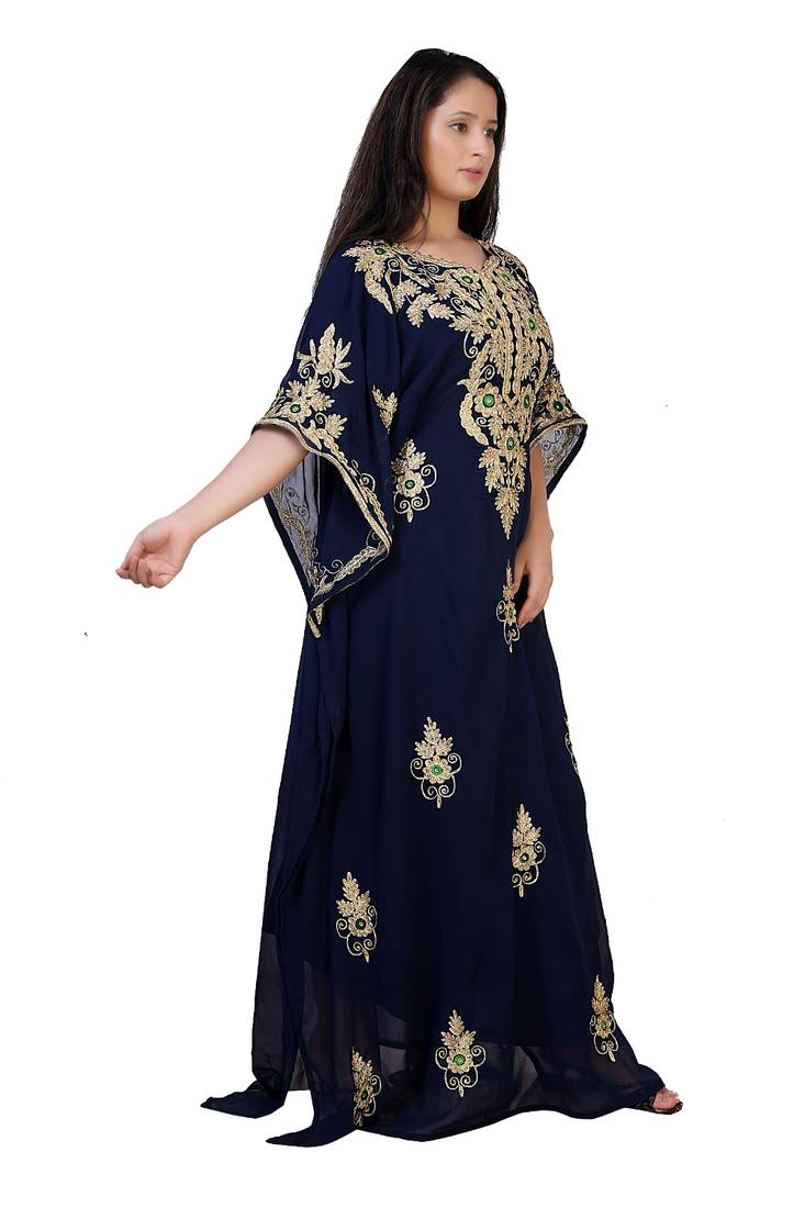 blue georgette embroidered aari work islamic kaftans