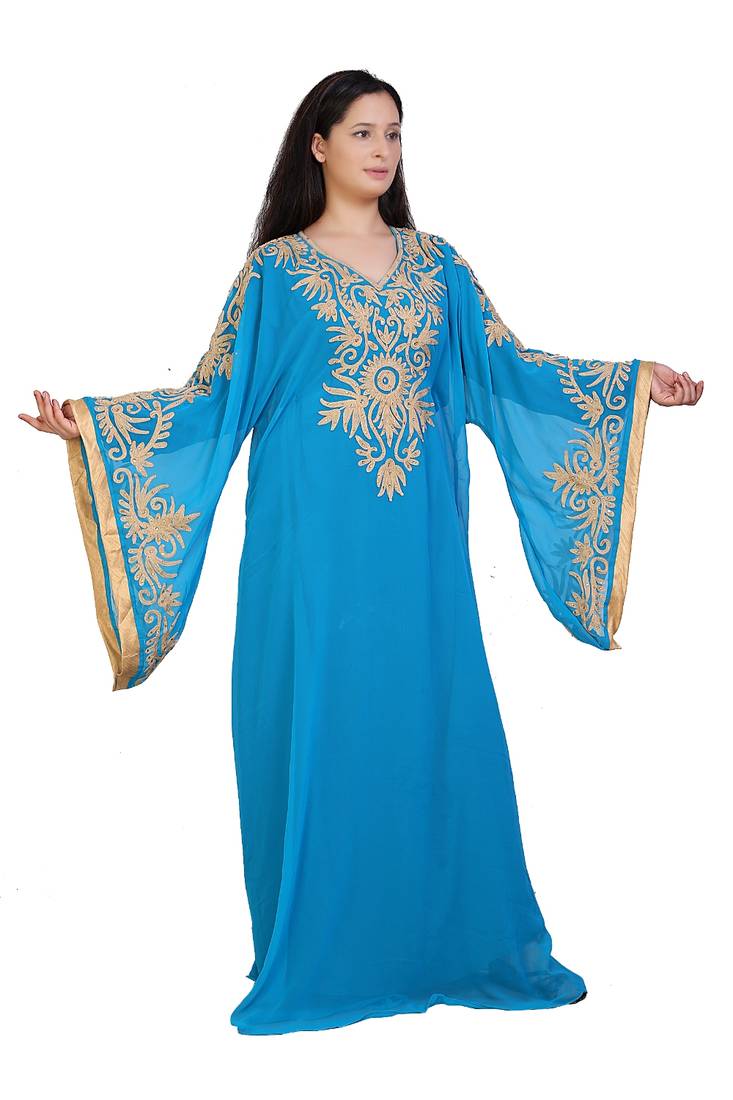 turquoise georgette embroidered aari work islamic kaftans