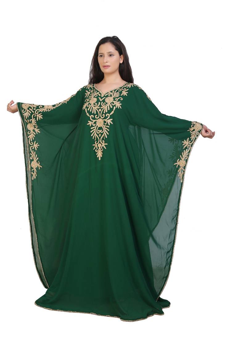green georgette embroidered aari work islamic kaftans